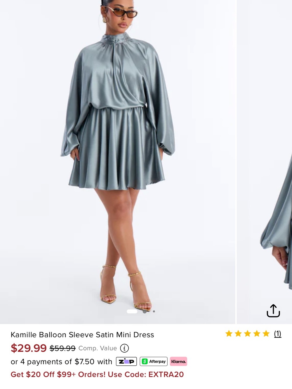 Satin Balloon Sleeve Mini Dress — Silver blue